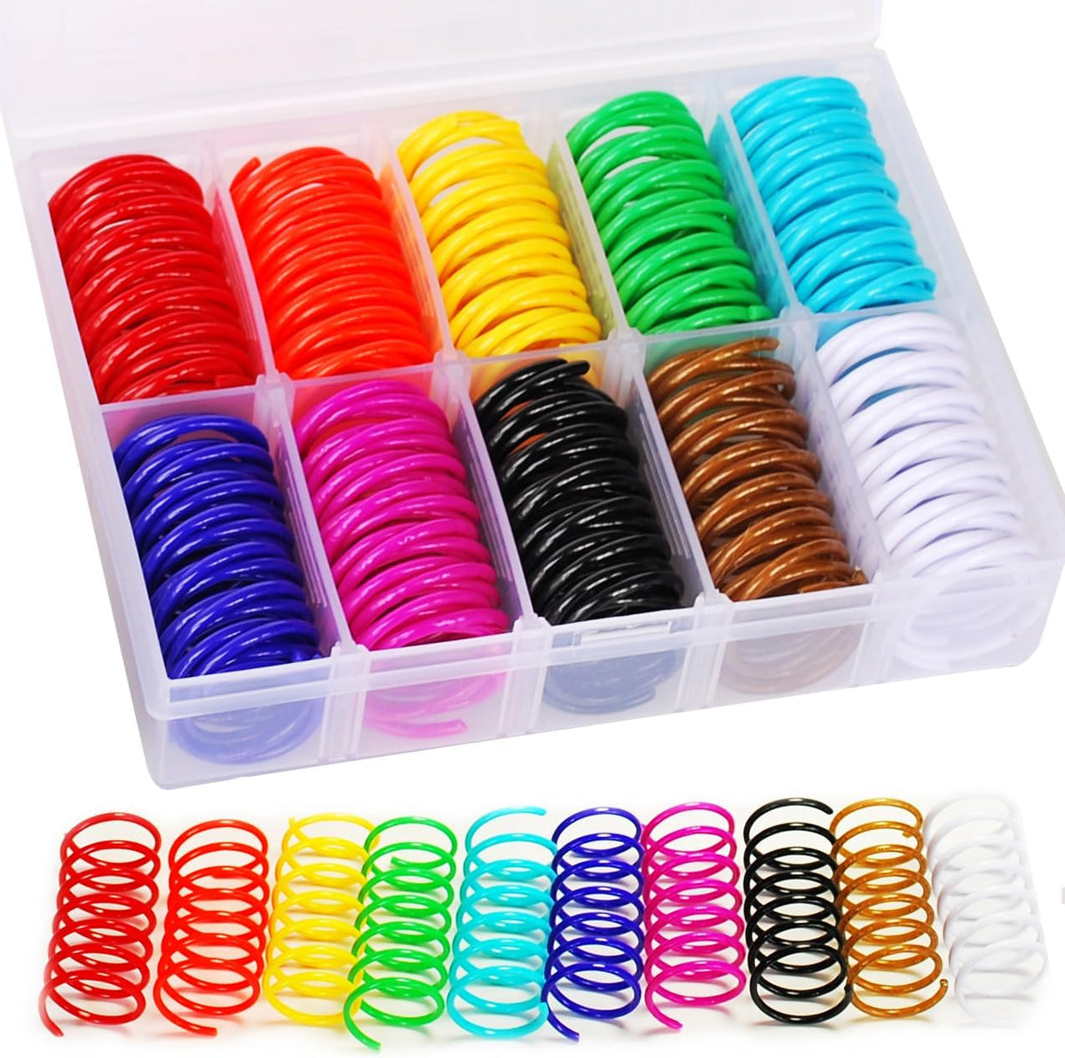 JoyArrive cat spring toys front view of the clear storage box filled with forty colorful plastic coils