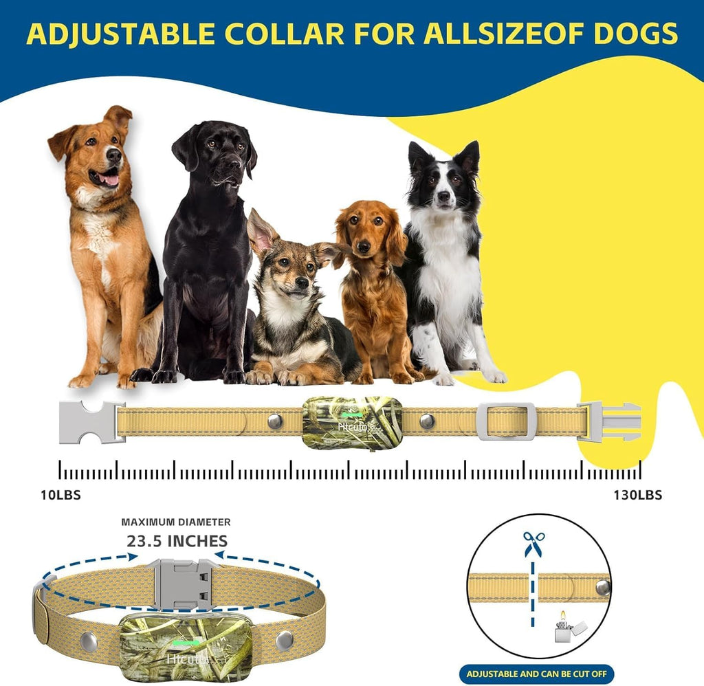 Camouflage print electric training collar on a simulated pet neck profile illustrating proper fitting and contact.