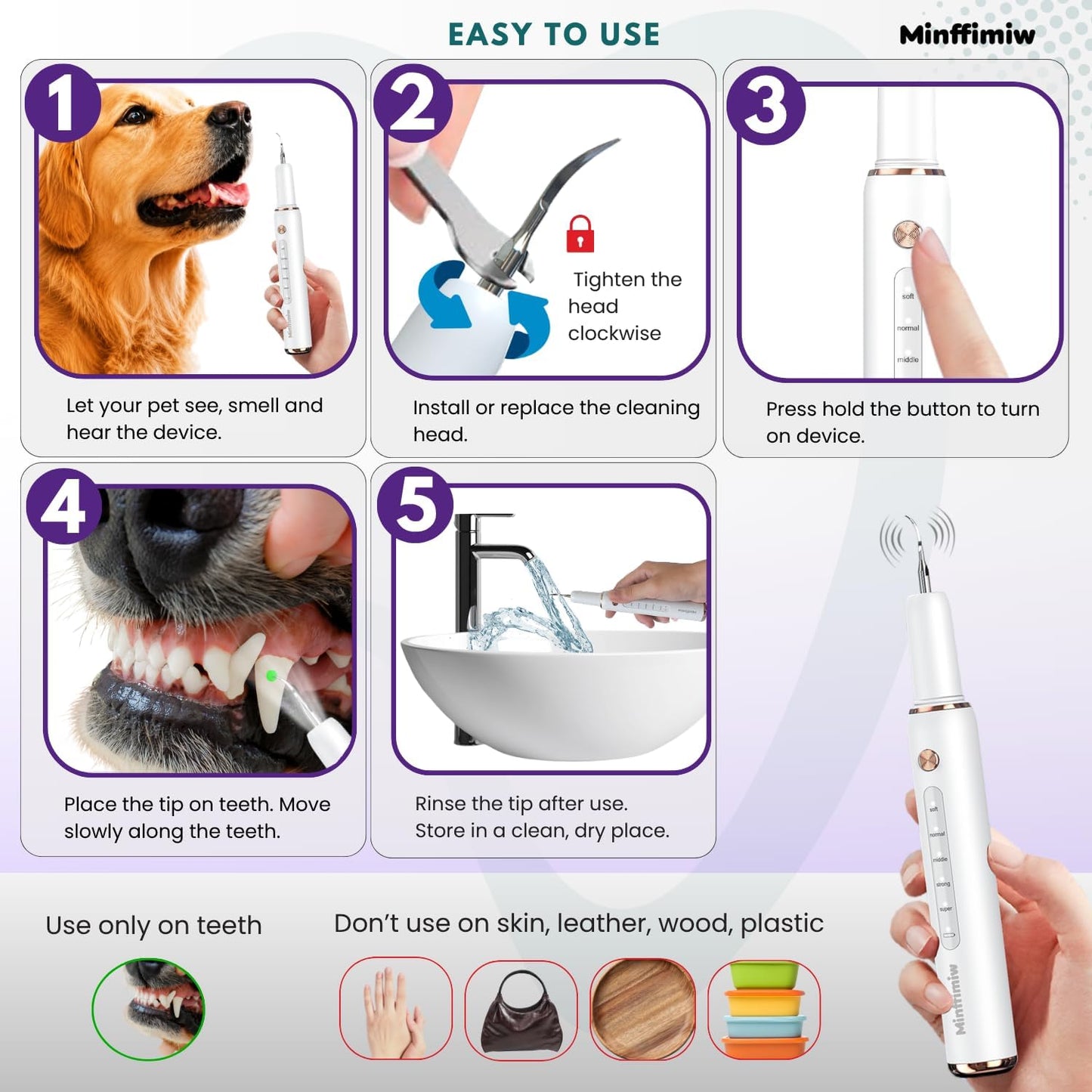 User holding Minffimiw device cleaning dog teeth