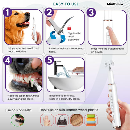 User holding Minffimiw device cleaning dog teeth