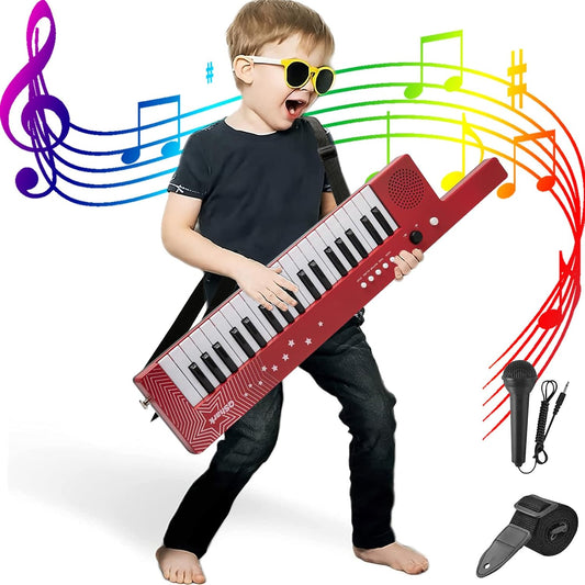 QShark portable piano keyboard 37 keys red front view showing musical keys and controls.
