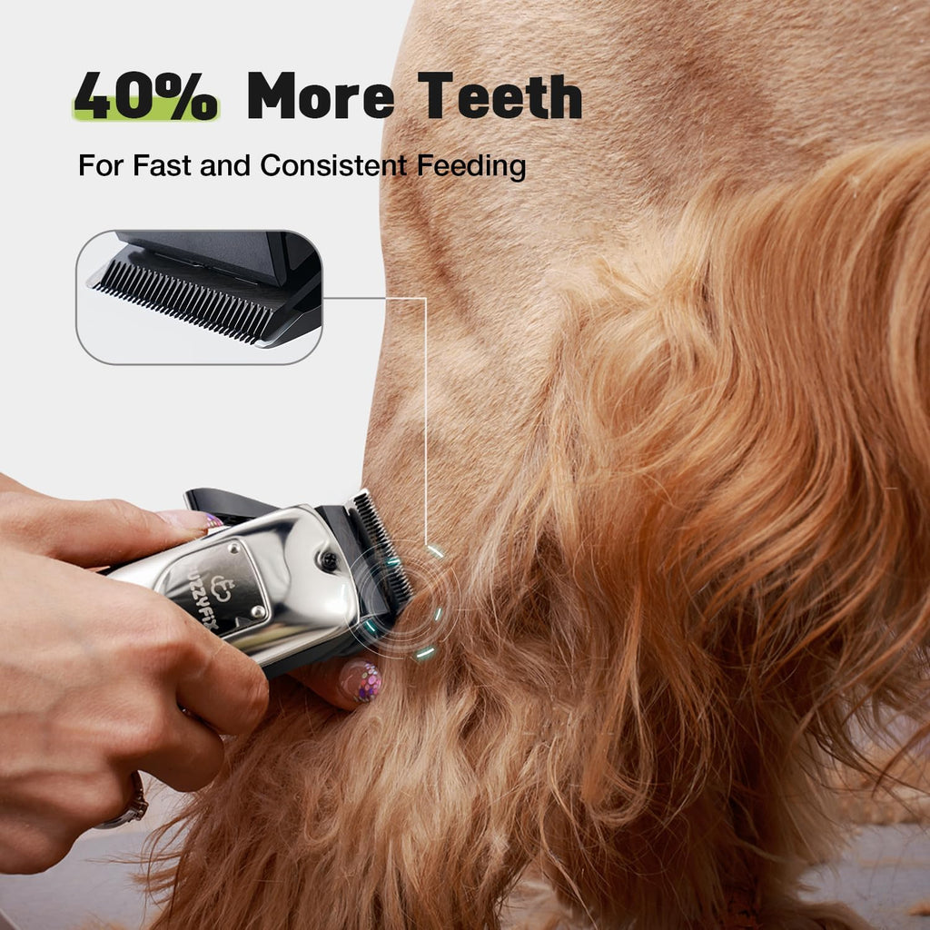 Heavy duty dog clippers layout featuring eight colorful guide combs for variable length fur cutting.