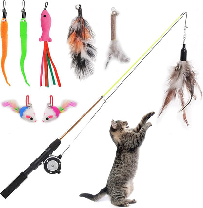 Whefory retractable cat teaser wand toy front view showing the extendable fishing rod and manual reel mechanism