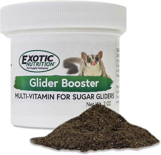 Exotic Nutrition Glider Booster 2 Ounce packaging front view showing authentic sugar glider multivitamin powder.