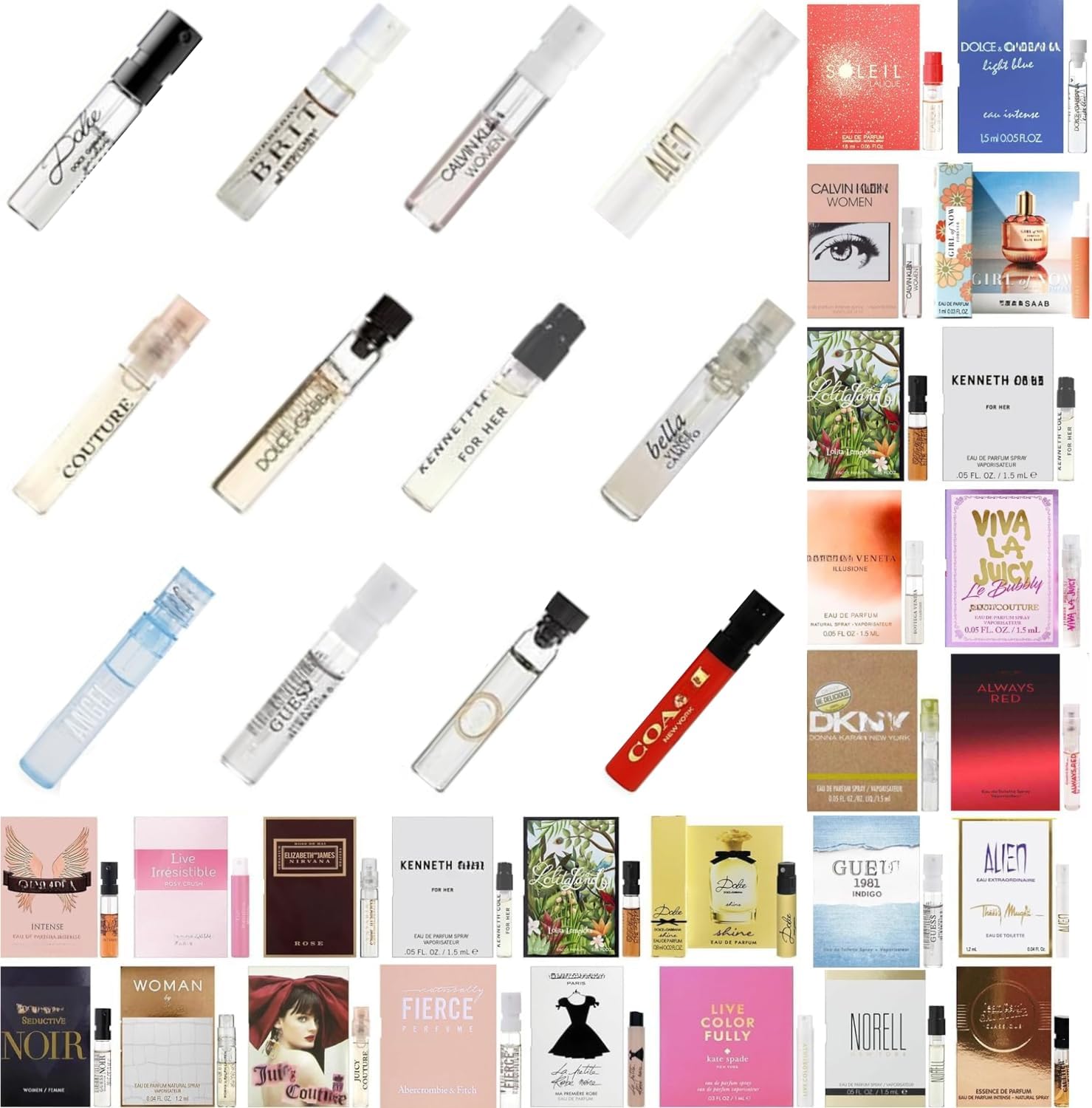 Tradeberry High End Designer Perfume Sample Set for Women showcasing twelve premium fragrance vials from a front view.