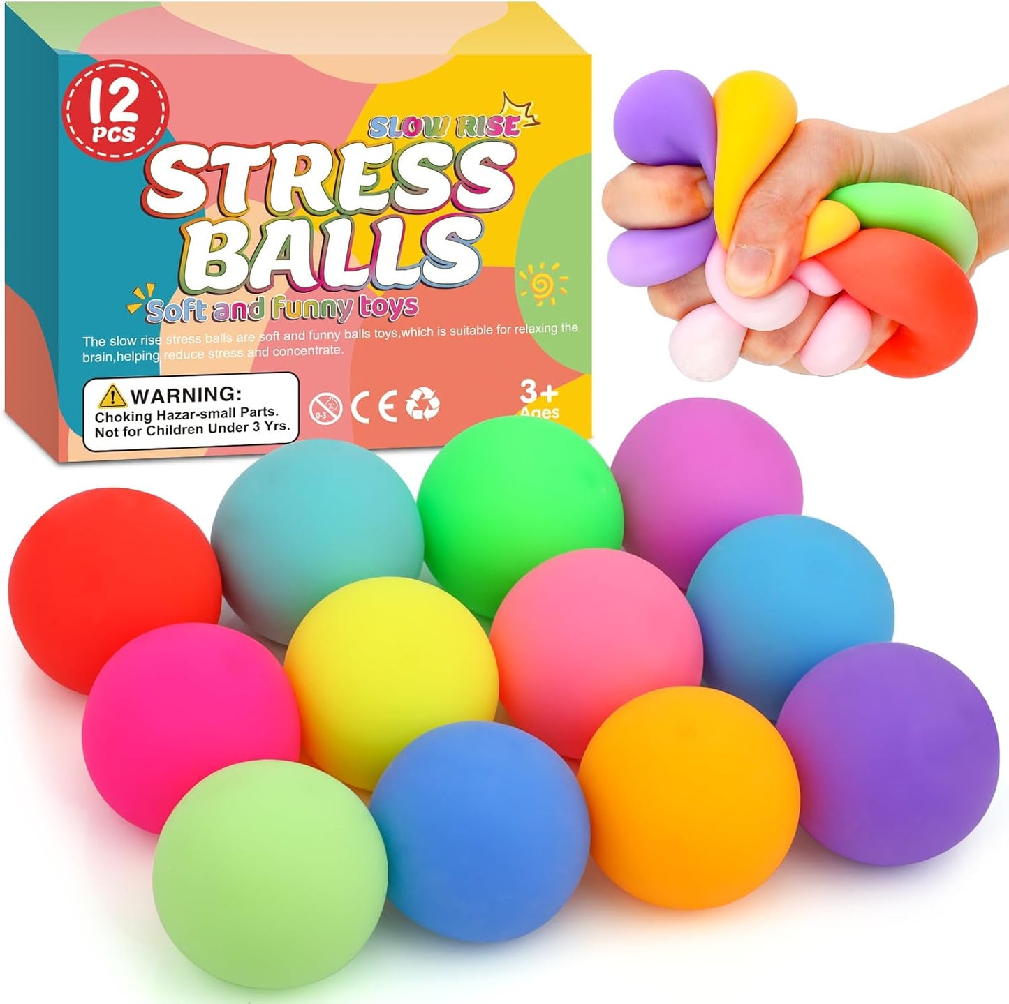 VISCOO Slow Rising Stress Ball Twelve Pack front view showing colorful assortment in premium display gift box