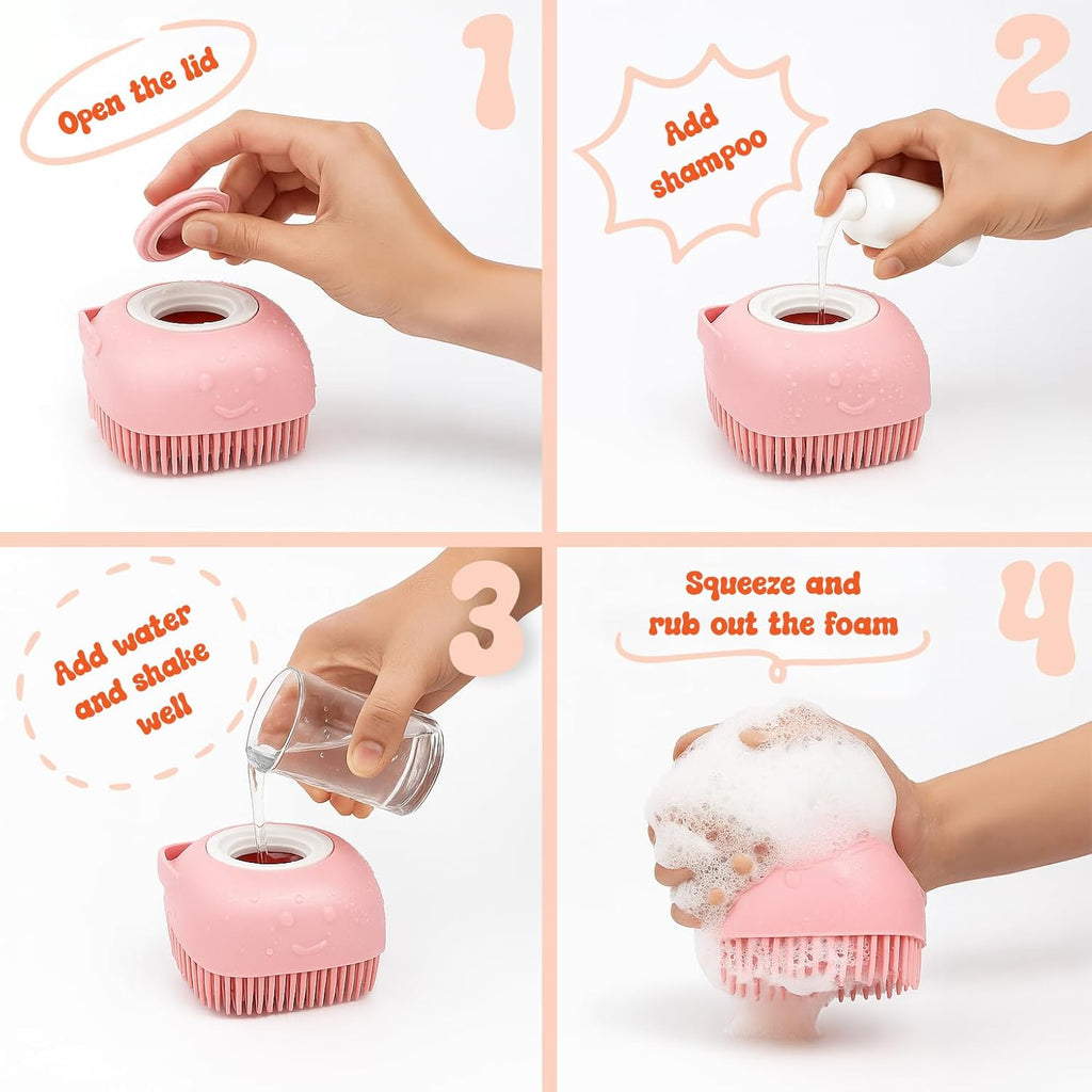 Haminway pet bath brush with shampoo dispenser held in hand