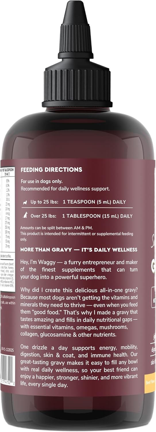 Wonder Paws premium dog gravy bottle resting on a pet feeding mat