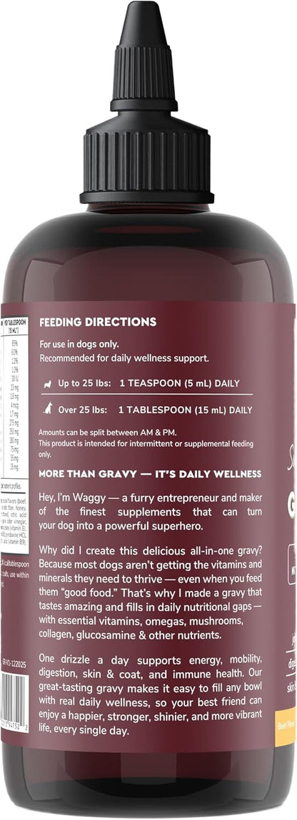 Wonder Paws premium dog gravy bottle resting on a pet feeding mat