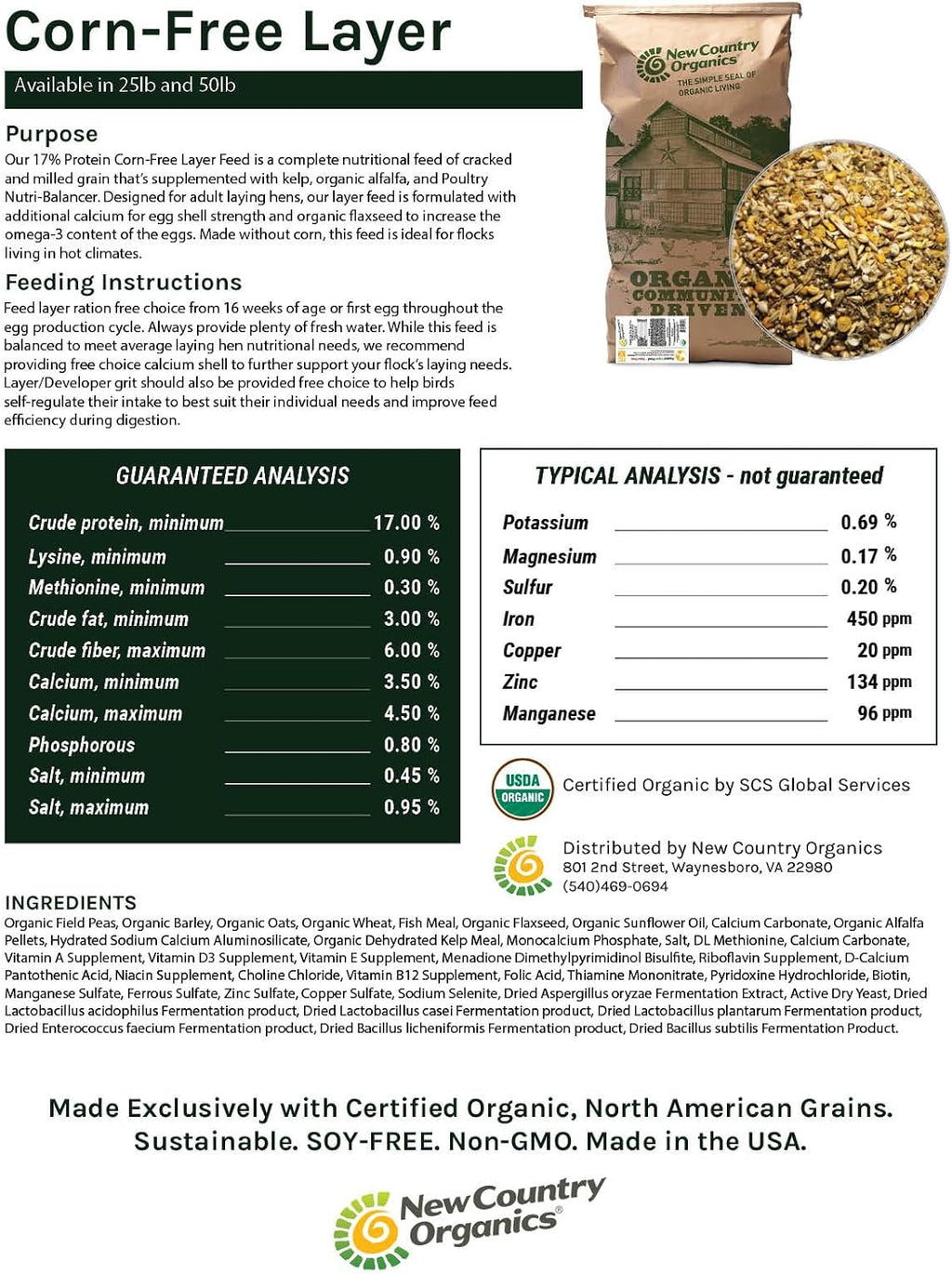 Certified organic seal on New Country Organics chicken feed packaging.