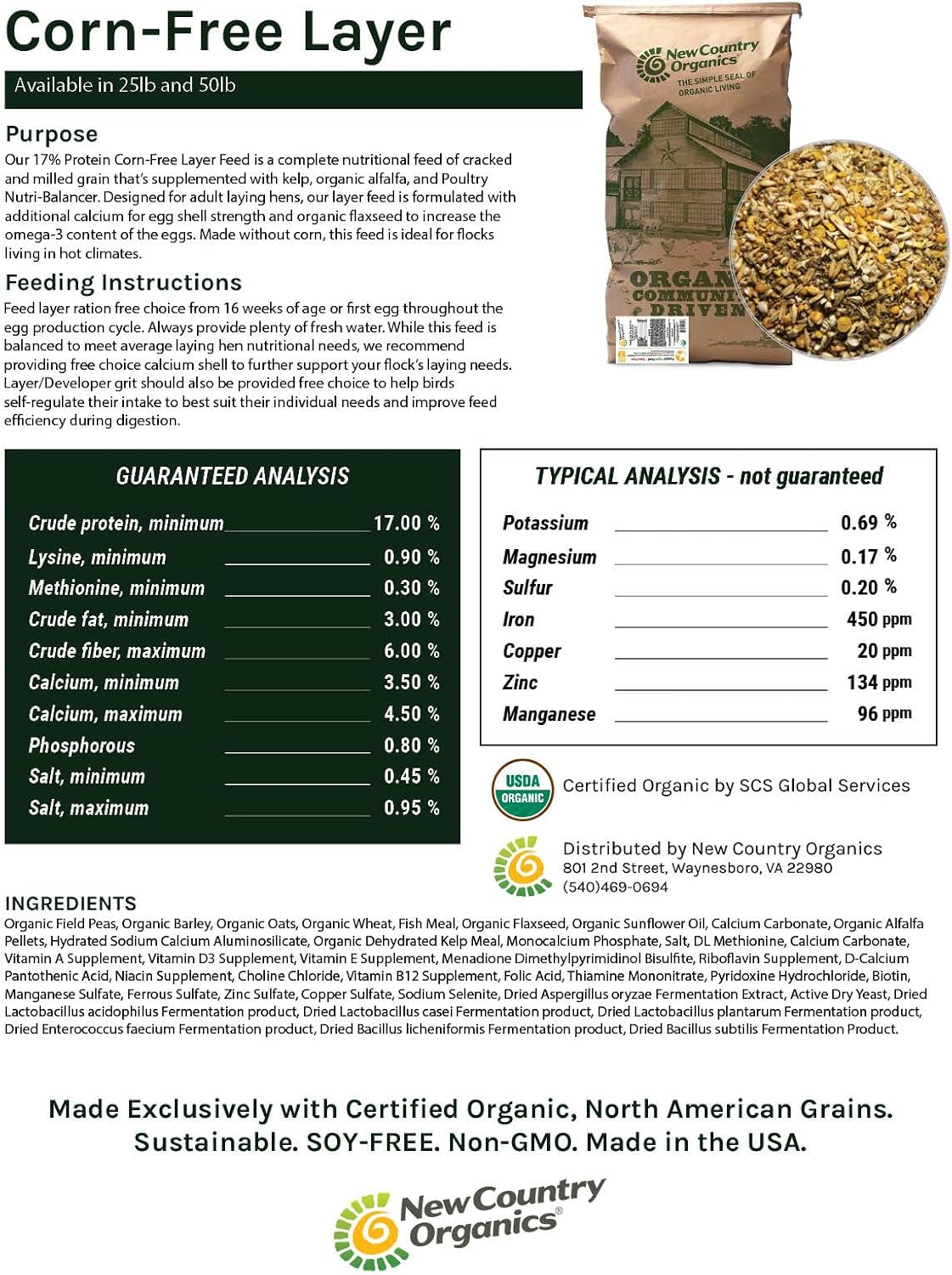 Certified organic seal on New Country Organics chicken feed packaging.