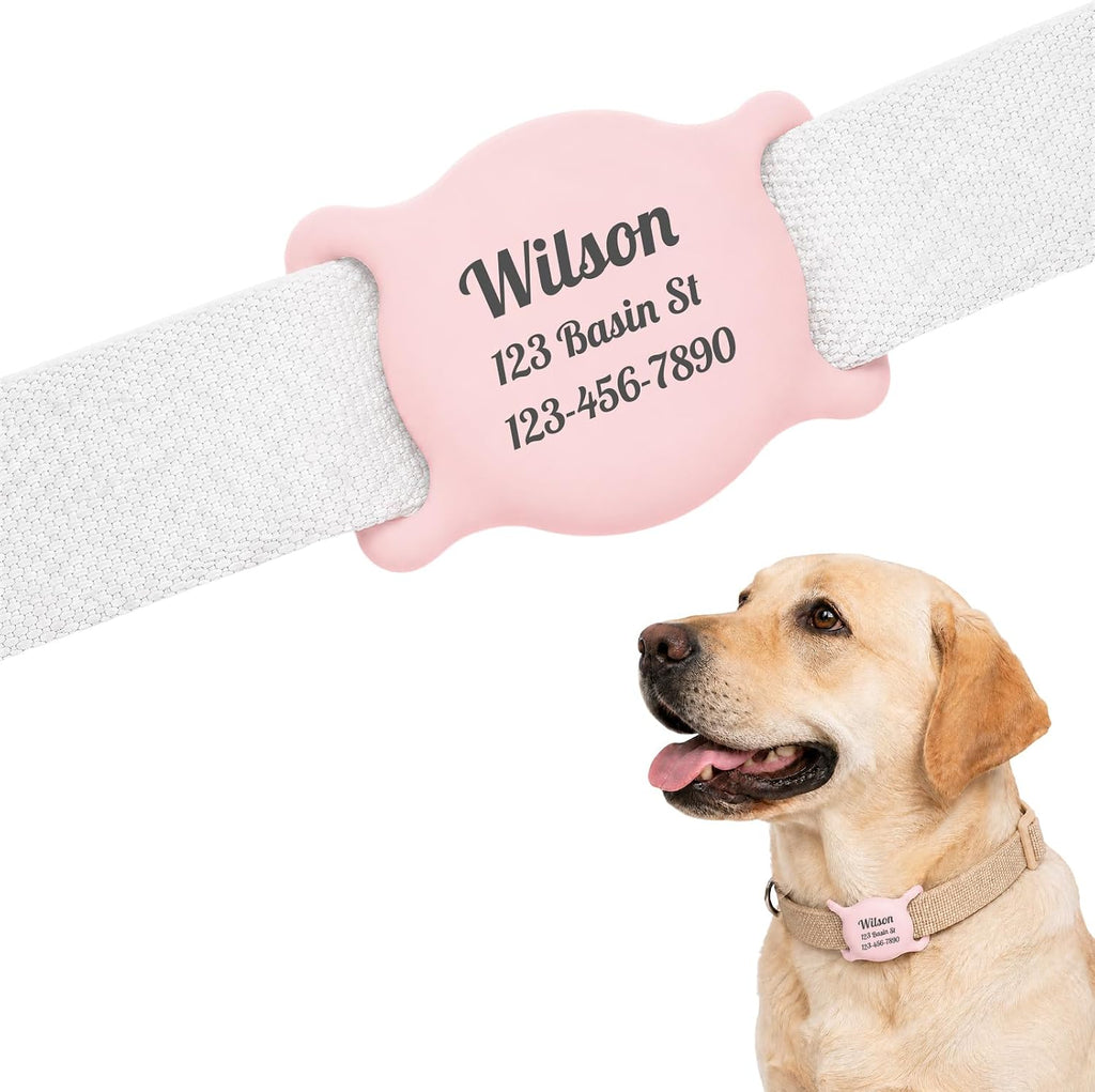 NC PawTrail Personalized AirTag Dog Collar Holder front view in light pink silicone.
