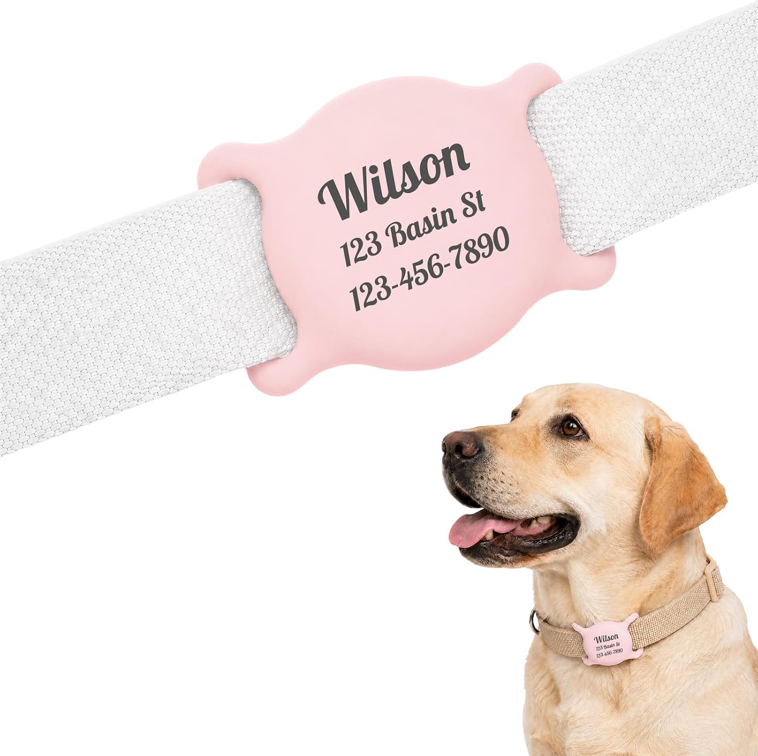 NC PawTrail Personalized AirTag Dog Collar Holder front view in light pink silicone.