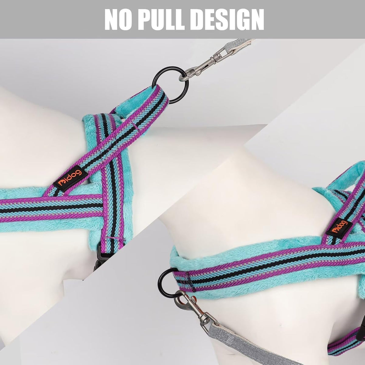 Small dog wearing blue Didog flannel padded harness