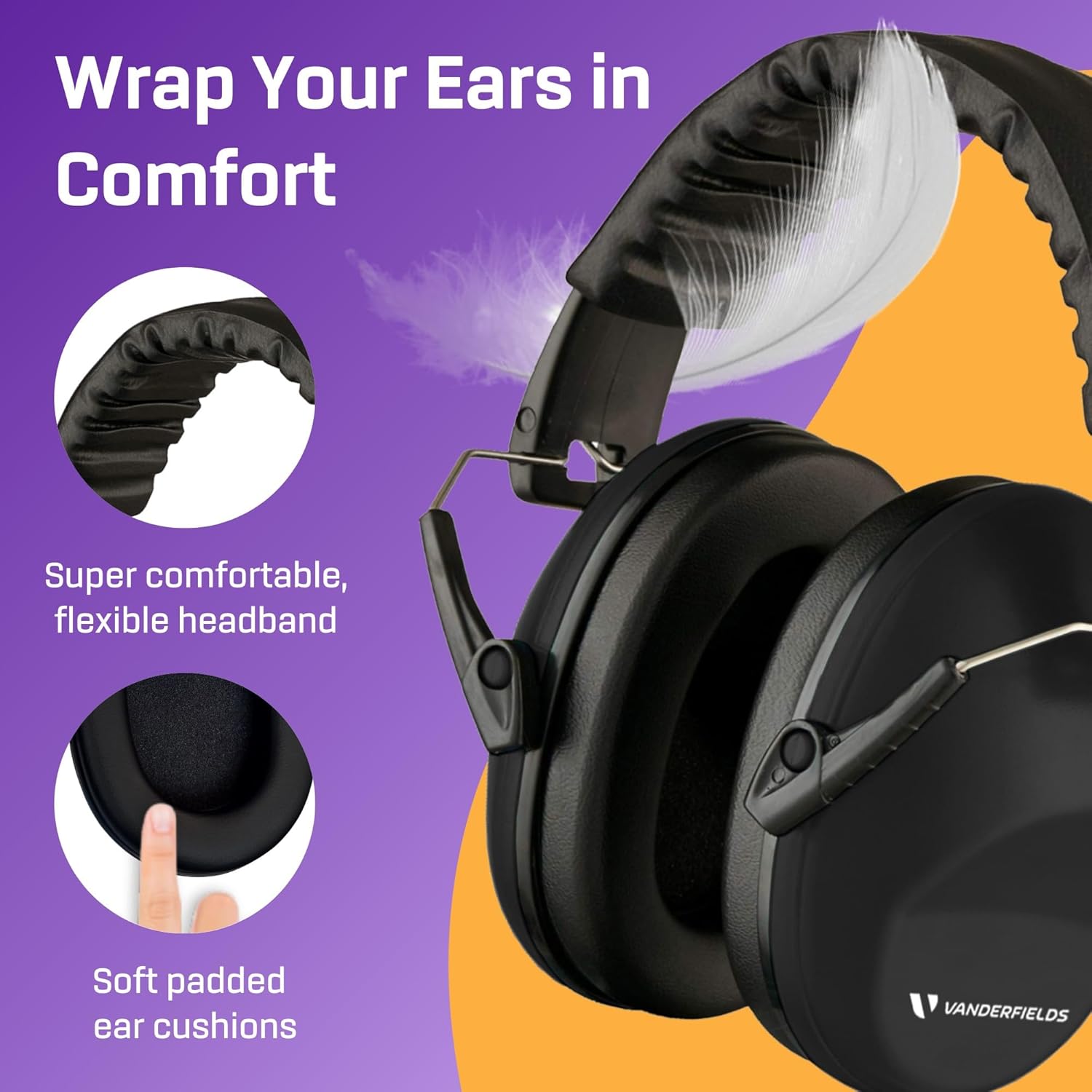 Vanderfields broad spectrum sound reduction headphones designed for adult and teen hearing safety.