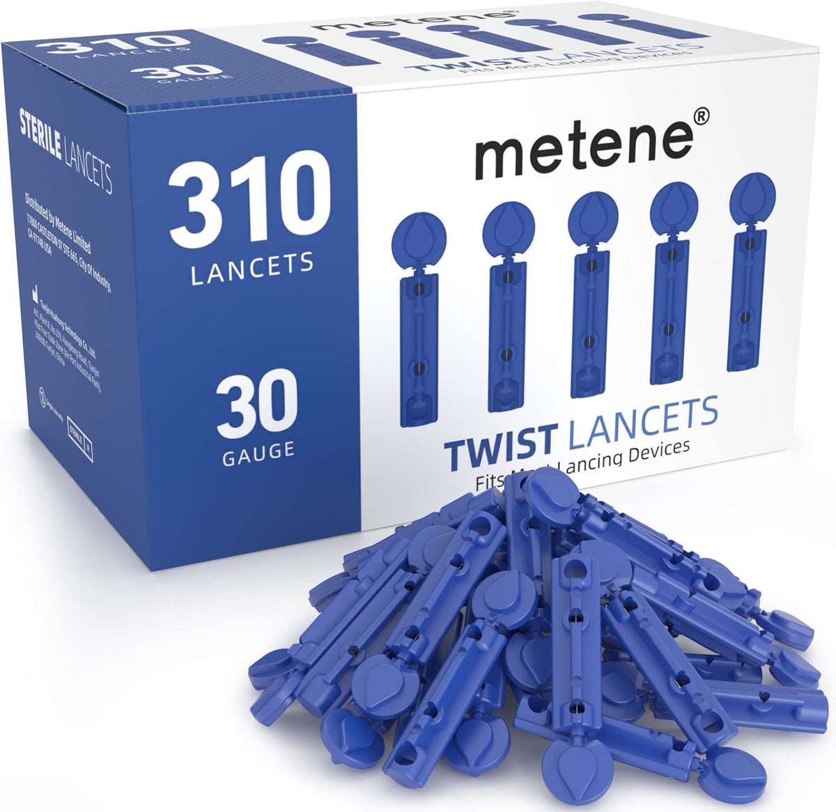 Metene 30 Gauge Sterile Lancets 310 Count box front view for diabetic blood sugar testing