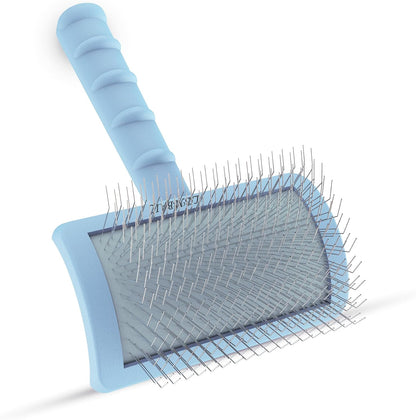 Blue slicker brush back view highlighting the ergonomic anti slip handle grip