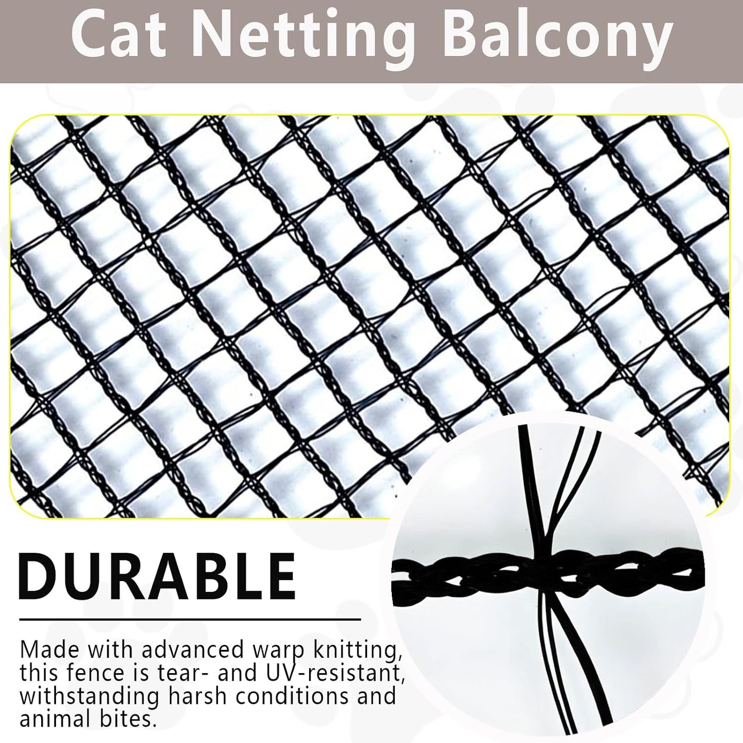 Side view of Poyee cat netting showing weather resistant material