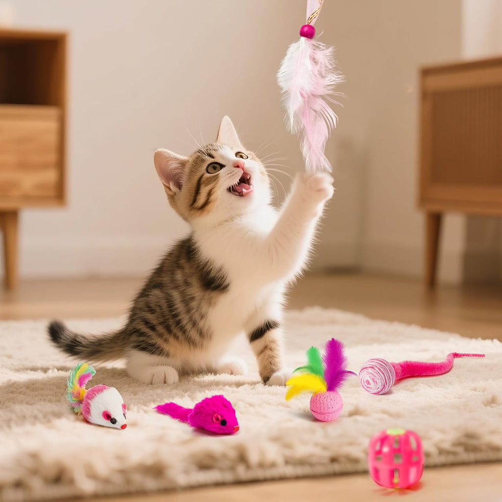 Durable sisal mice and plastic spring toys for indoor cat exercise and play