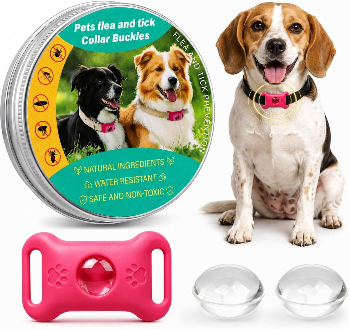 Cijoaui Dog Collar Pendant Pink front view attached to a standard pet collar.