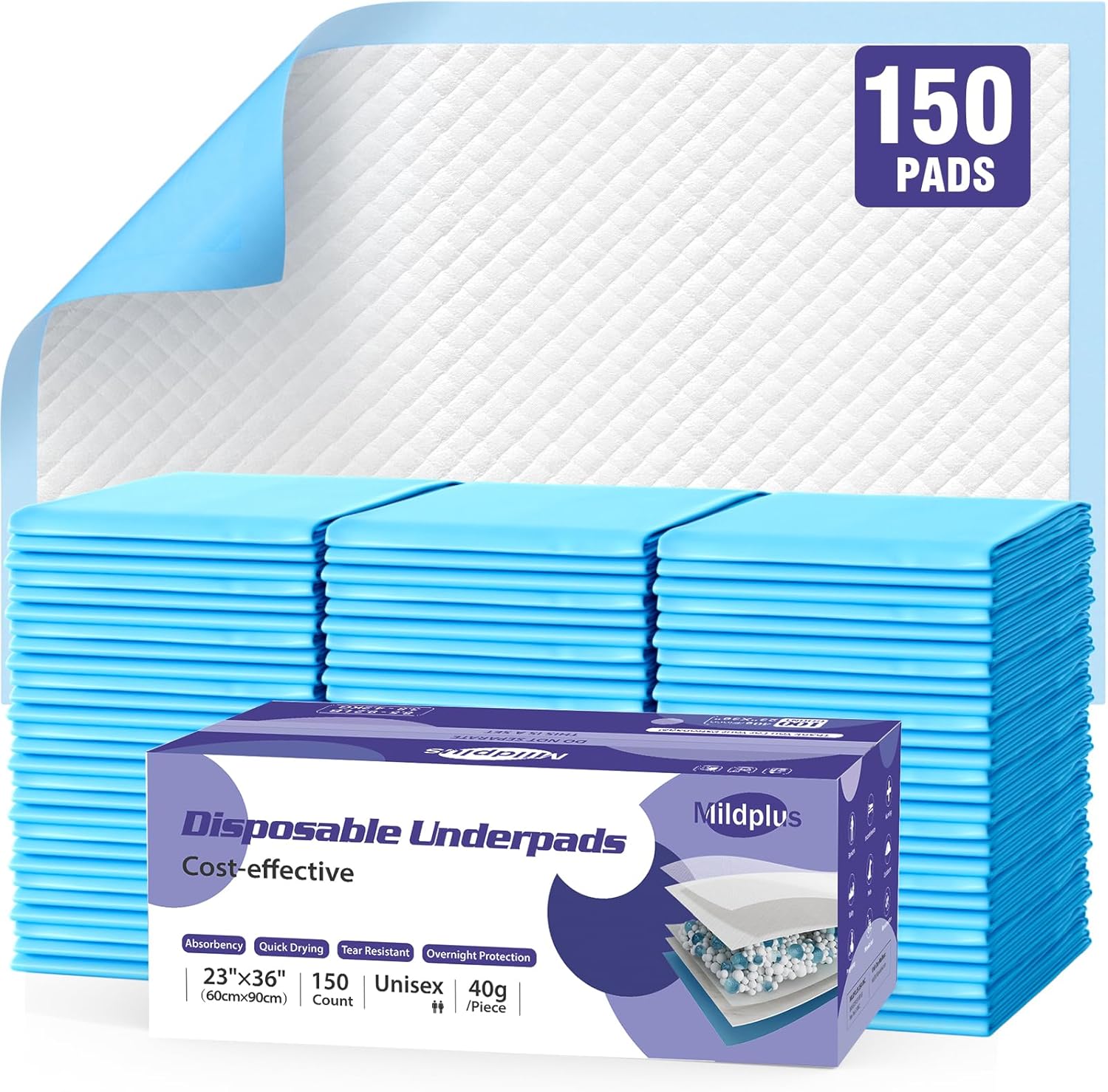 MILDPLUS disposable underpads 150 count box front view showing packaging details.