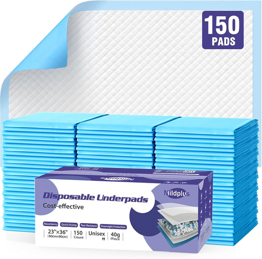 MILDPLUS disposable underpads 150 count box front view showing packaging details.