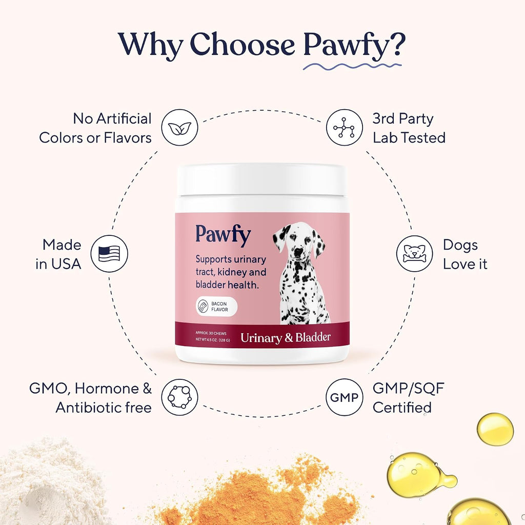 Close up view of the Pawfy dog urinary tract health daily supplement chews.