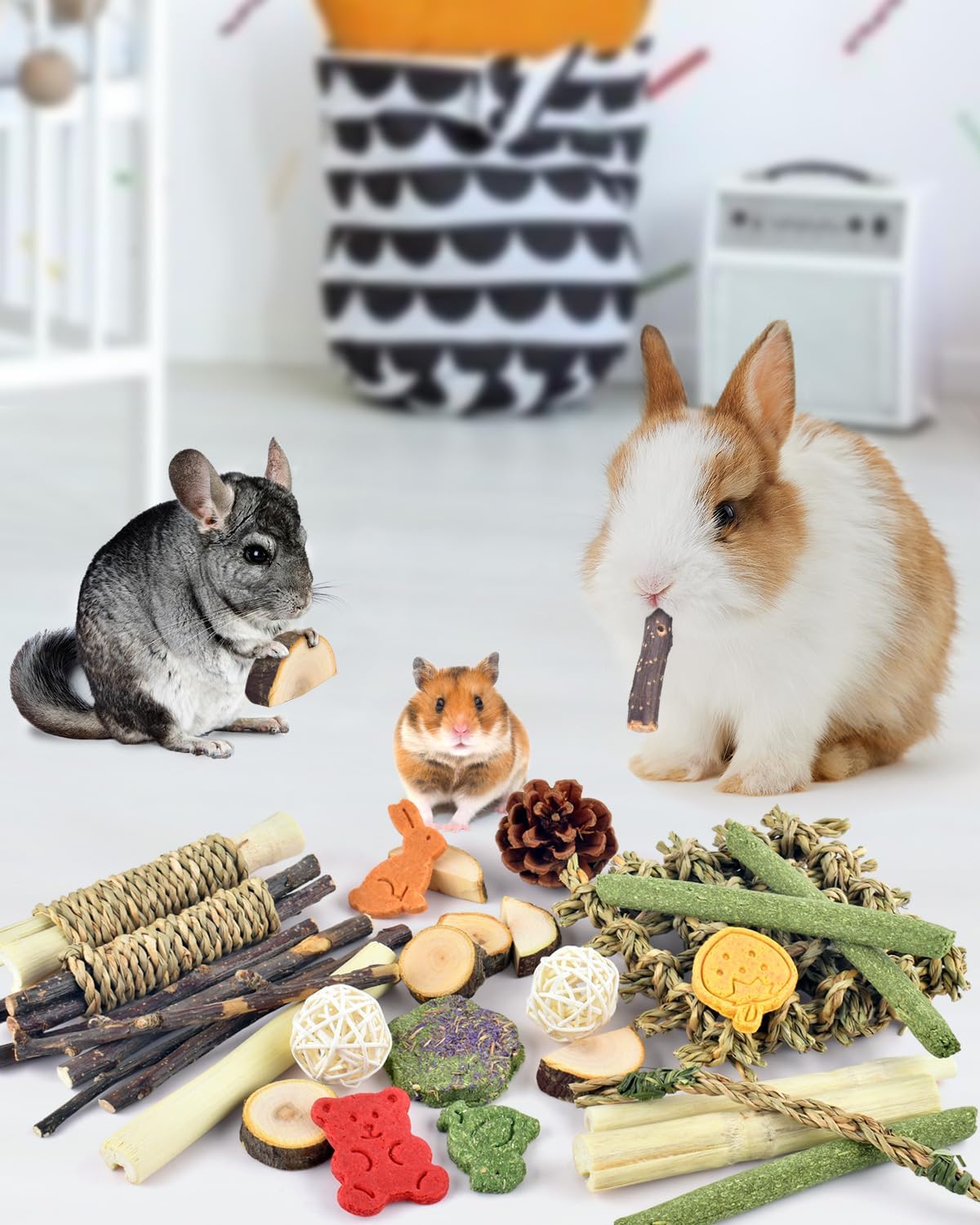 Additive free hamster chew treats including natural pine cones and vine rings
