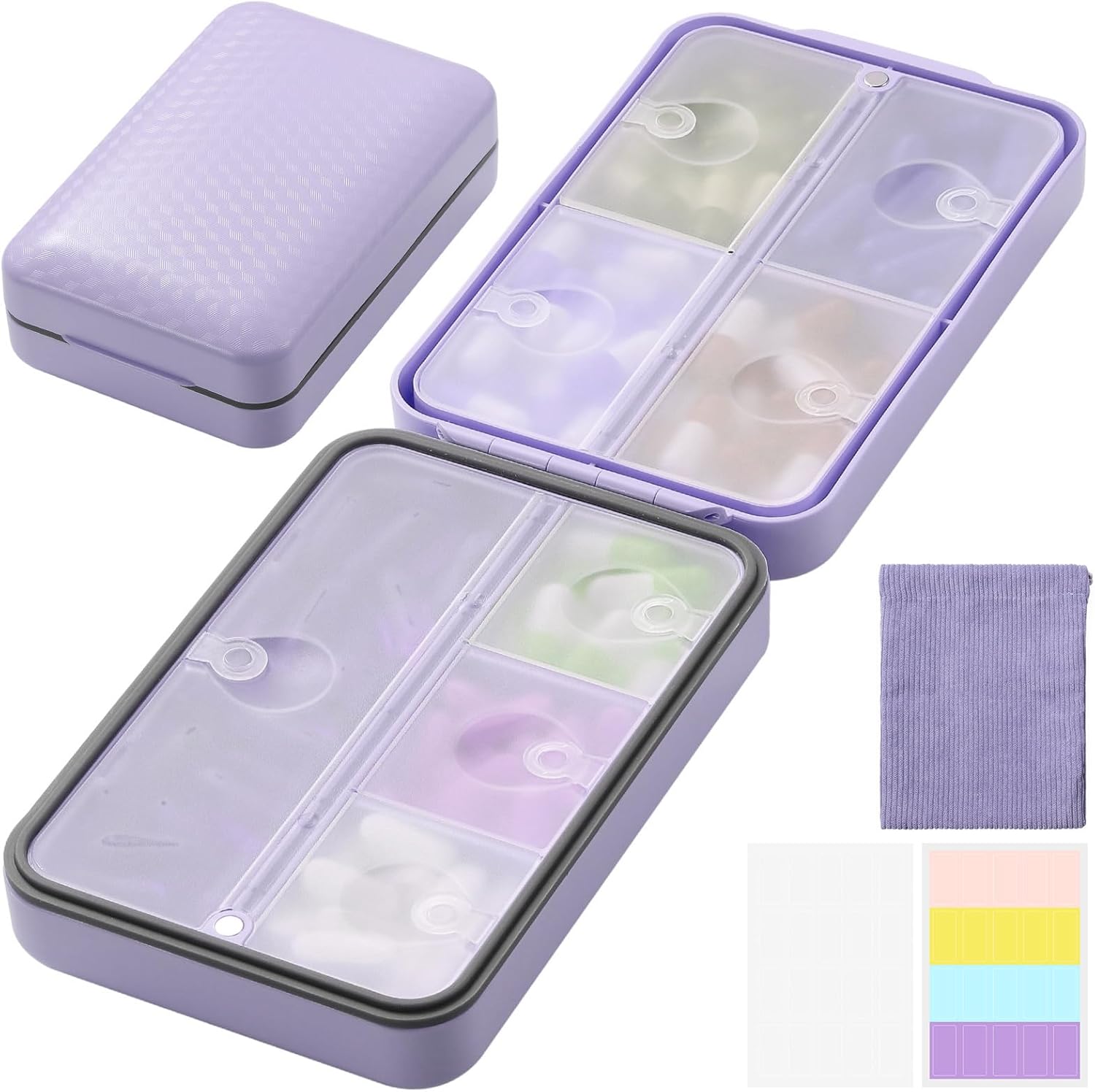 OUVBTX travel pill organizer front view showcasing the sleek purple magnetic foldable exterior case