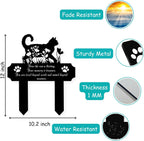 HEGANITS metal pet memorial plaque showing the engraved cat silhouette walking through wildflowers