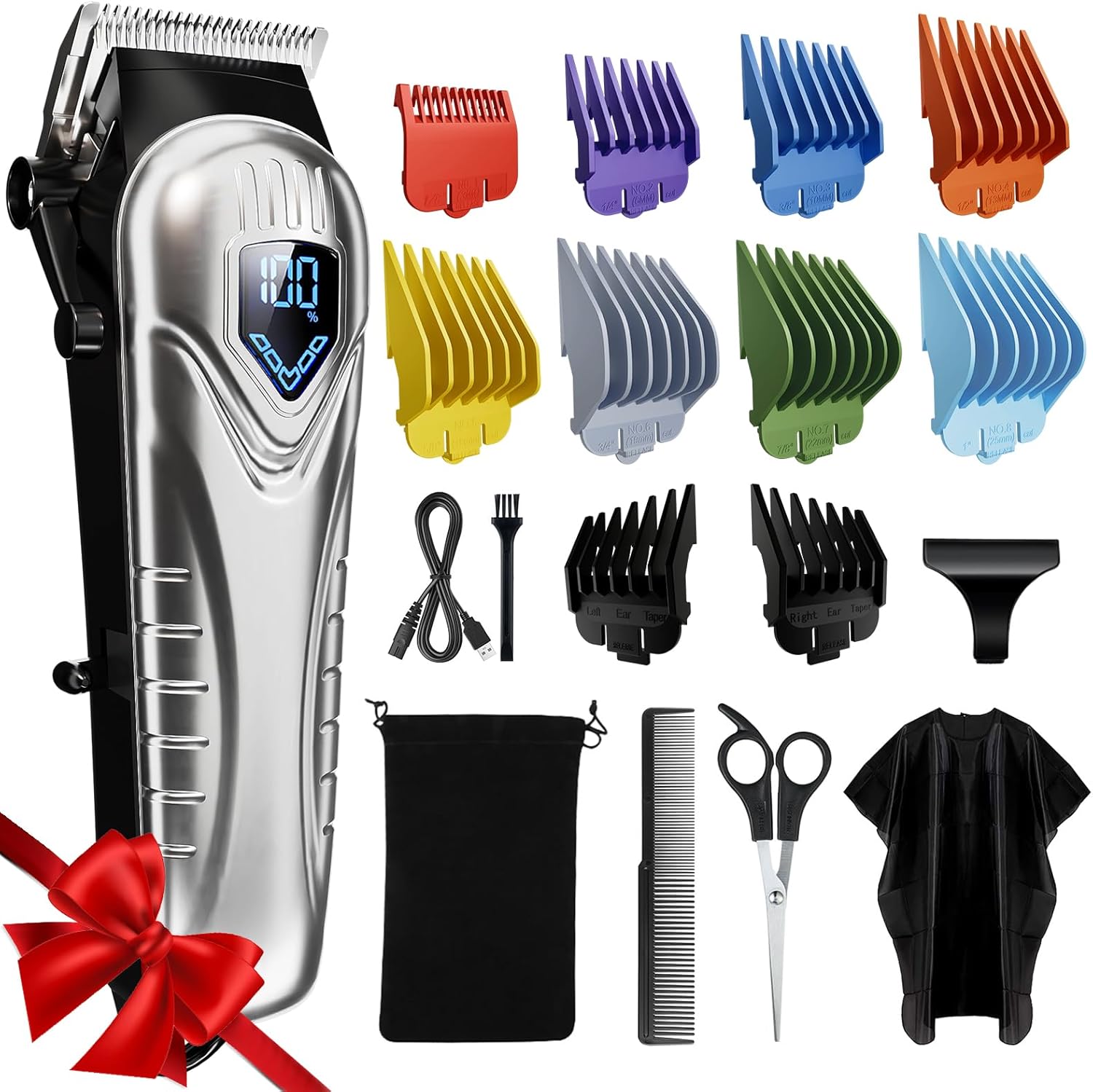 Chicclly professional cordless hair clippers front view showing silver ergonomic design and digital LED battery display.
