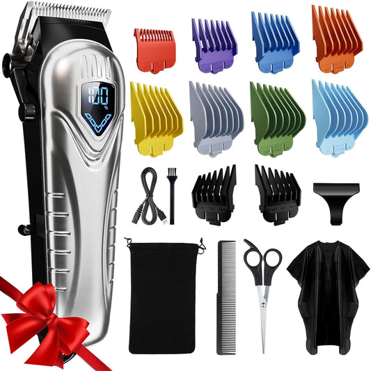Chicclly professional cordless hair clippers front view showing silver ergonomic design and digital LED battery display.