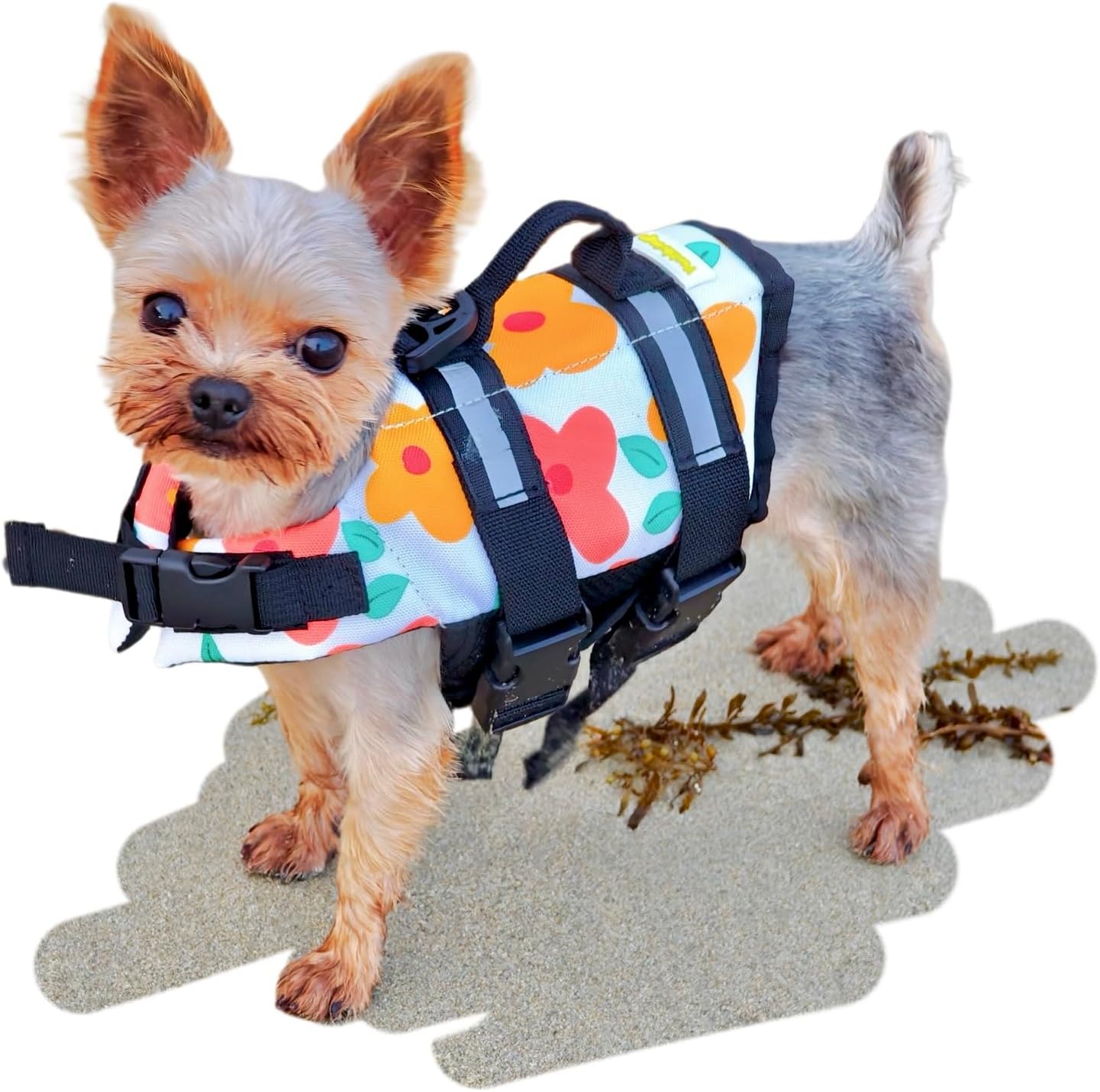 YorkieGogo Teacup Dog Life Jacket front view showing the floral pattern and secure buckles.