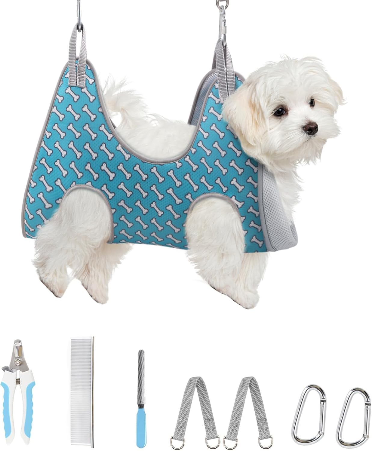 Supet Dog Grooming Hammock Harness for Dogs Cats, Relaxation Pet Nail Clipper Hammock, Restraint Dog & Small Animal Leashes Sling for Groomingk for Nail Trimming (Coral Blue, S) - Image 10