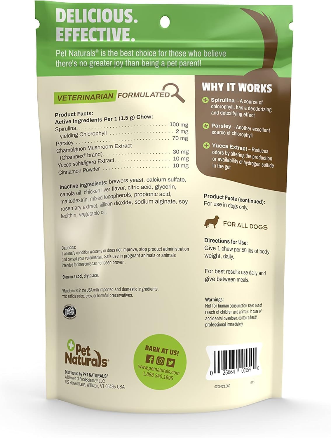 Pet Naturals chicken liver flavor dog dental supplement chews back label details