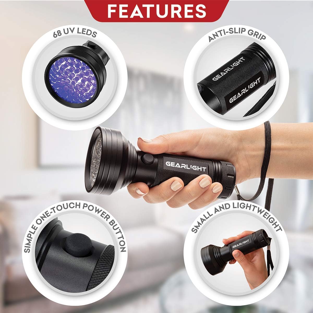 Handheld GearLight blacklight illuminating hidden carpet stains in a dark room