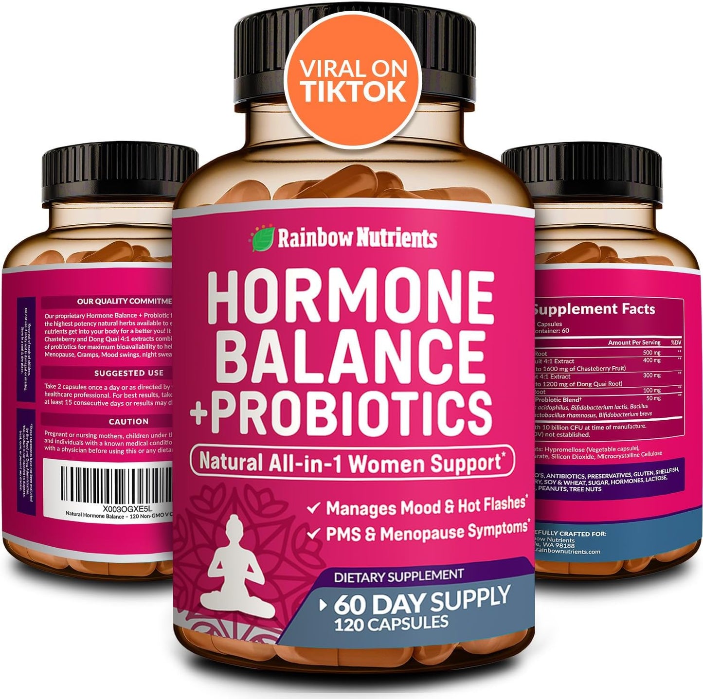 Rainbow Nutrients Hormone Balance and Probiotics bottle front view for women's health