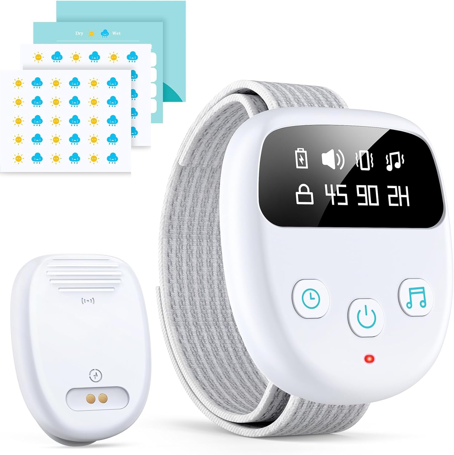 Chumoasis wireless bedwetting alarm grey colorway front view displaying the digital wristband receiver and clip sensor.