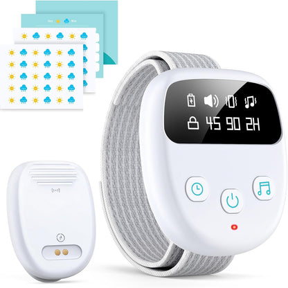 Chumoasis wireless bedwetting alarm grey colorway front view displaying the digital wristband receiver and clip sensor.