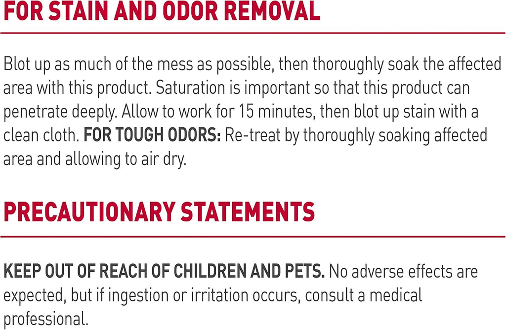 Back label of Nature's Miracle stain and odor remover with usage instructions