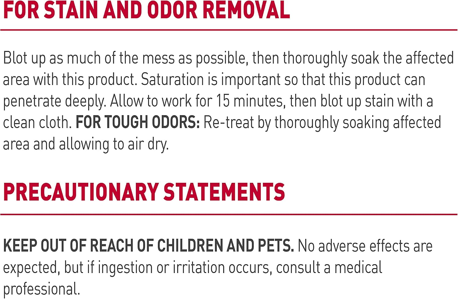 Back label of Nature's Miracle stain and odor remover with usage instructions