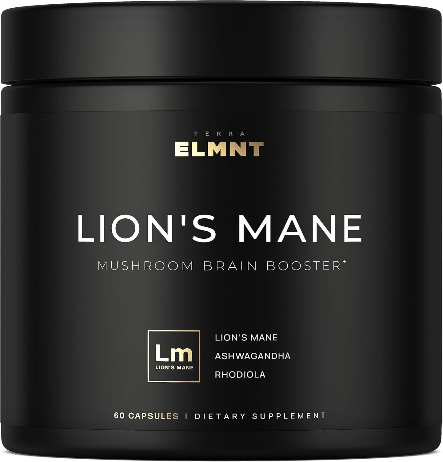 Terra Elmnt 16x Strength Lions Mane 60 capsules front view bottle for premium brain support.