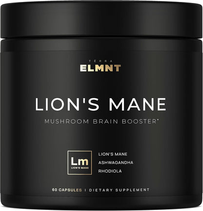 Terra Elmnt 16x Strength Lions Mane 60 capsules front view bottle for premium brain support.
