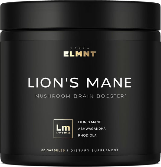 Terra Elmnt 16x Strength Lions Mane 60 capsules front view bottle for premium brain support.