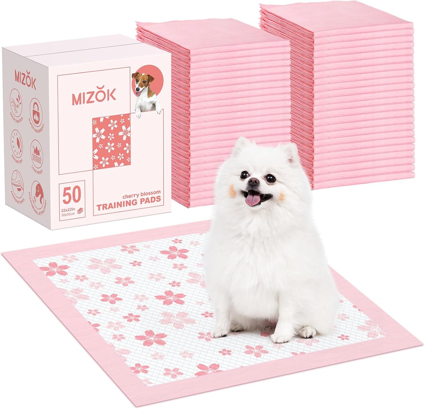 MIZOK Pink Cherry Blossom Puppy Training Pads front view packaging