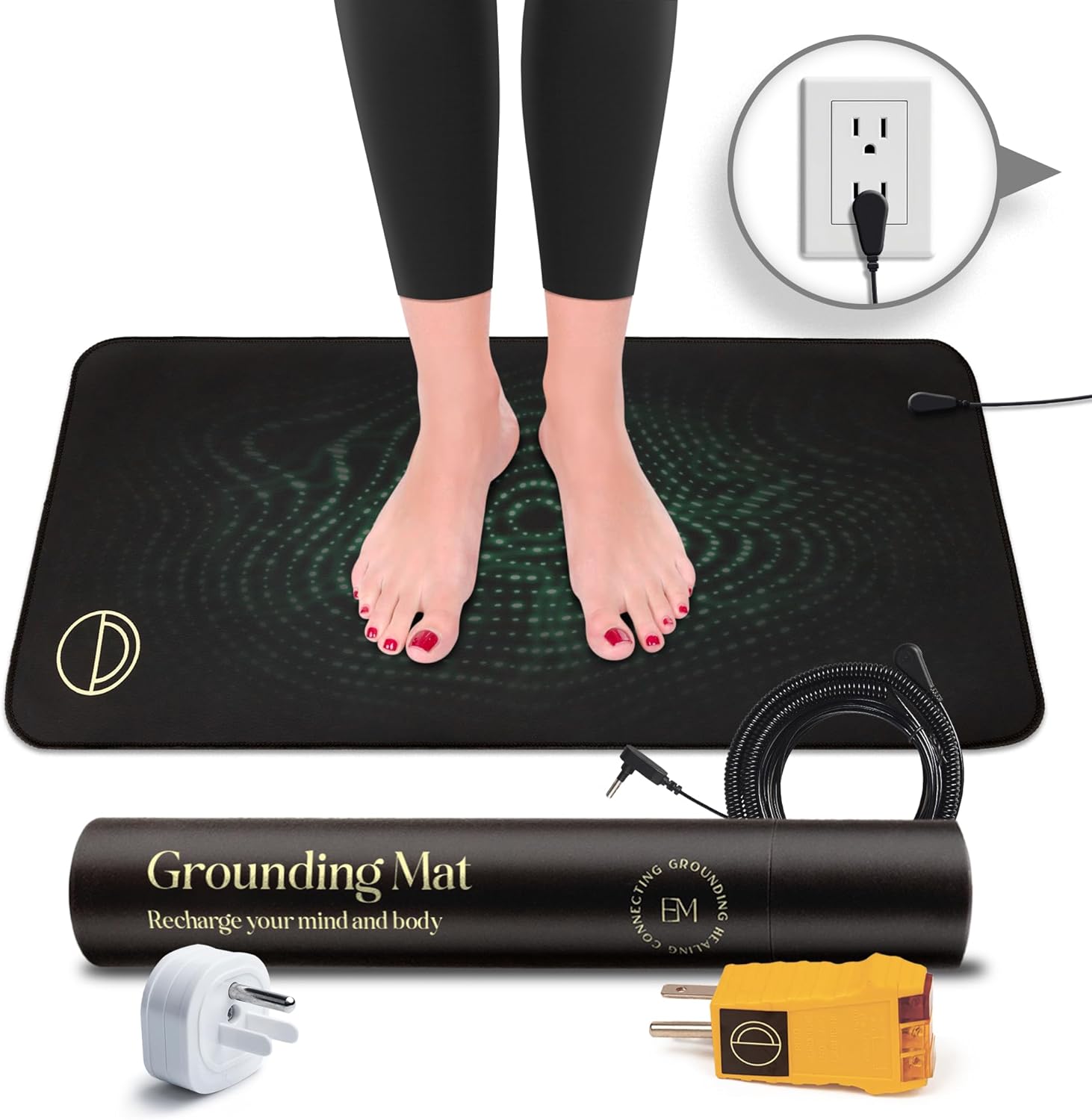 Earth and Moon Grounding Mat for Feet front view kit with outlet tester.