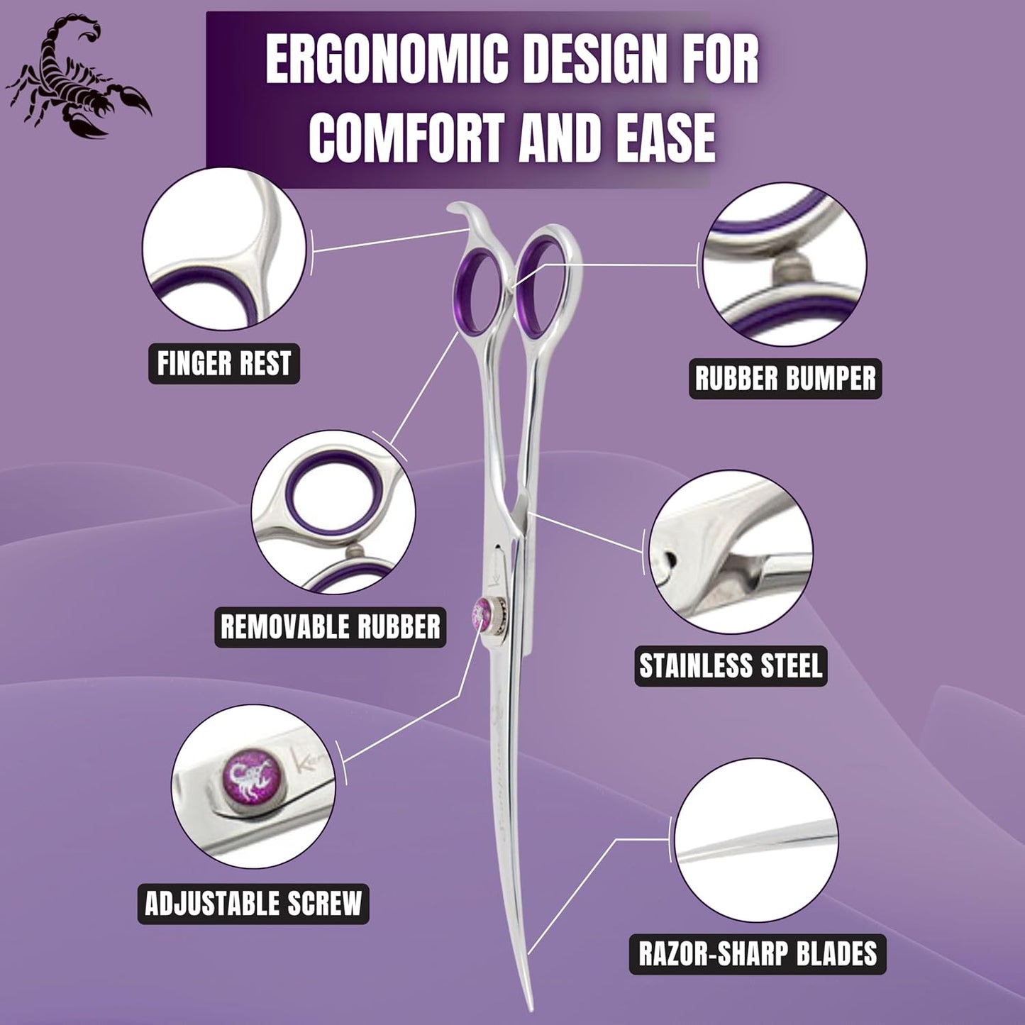 Heavy duty 9 inch curved pet styling scissors with ergonomic handles and comfortable finger inserts.