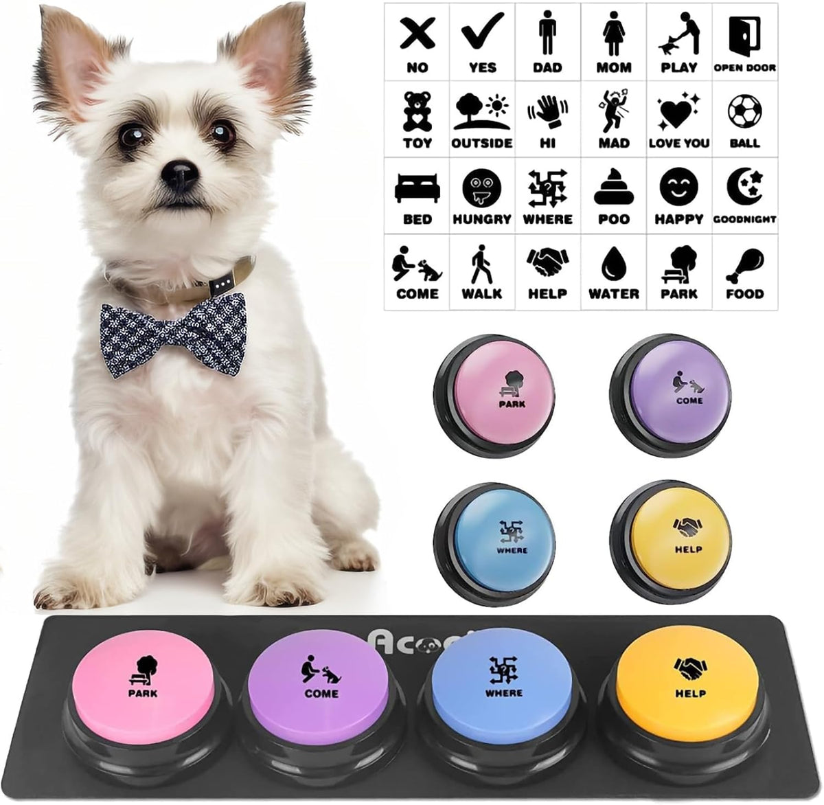 Acools Dog Buttons for Communication, 6 Pcs Dog Talking Button Set, 30s Voice Recordable Pet Training Buzzer, Speaking Buttons for Cats & Dogs with Waterproof Dog Activity Mat and 24 Scene Stickers - Image 13