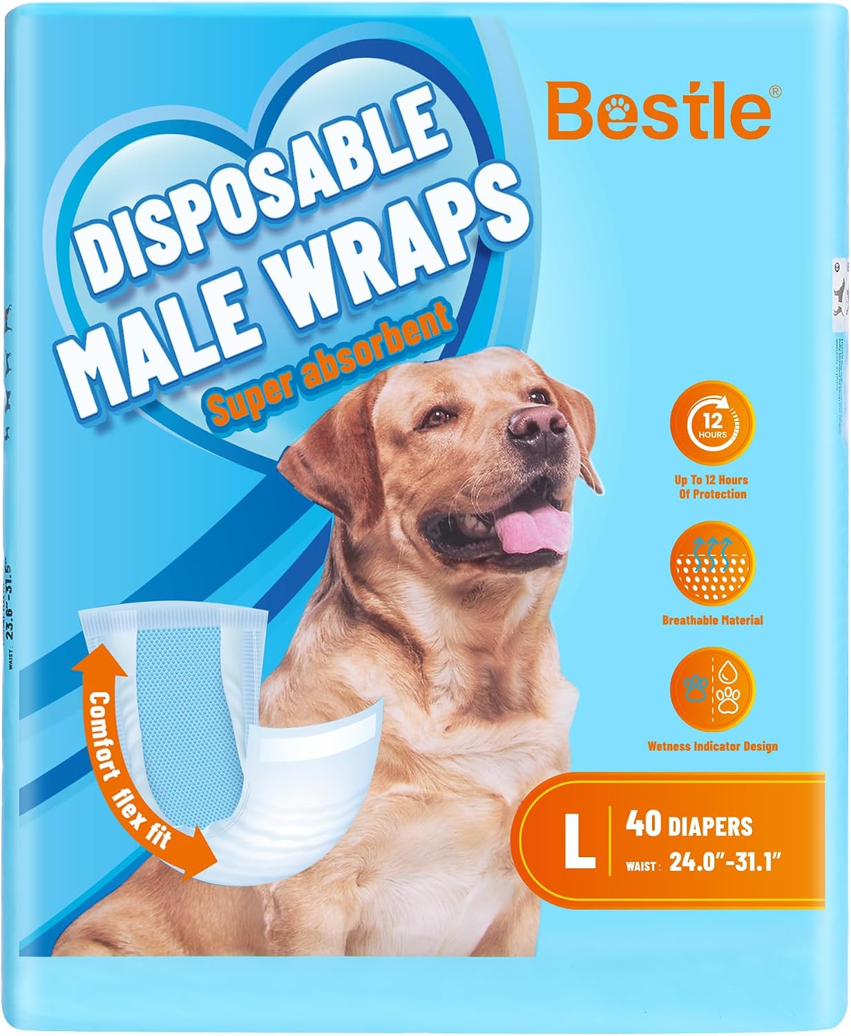 Bestle Male Dog Wrap, Disposable Dog Diapers, 40 Count, XS (Waist 10.6"-16.6"), Wetness Indicator, Ultra Protection, Leak Proof, Super Absorbent, Soft - Image 12