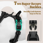 Side profile of black no-pull dog harness on dog
